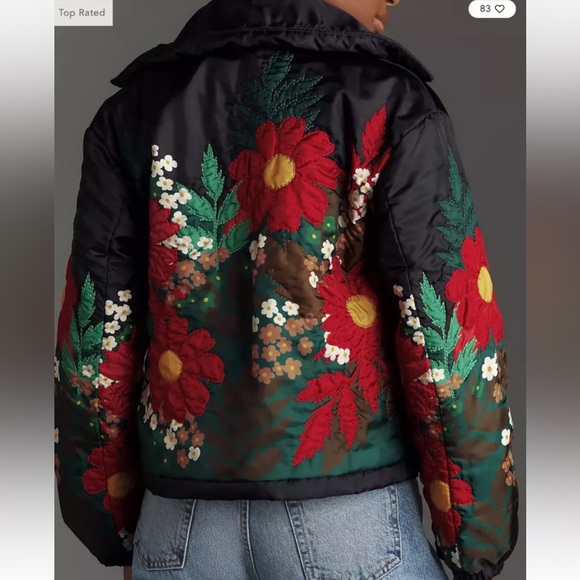 Anthropologie Floral Embroidered Zip Up Bomber Jacket Size Small - Picture 5 of 10